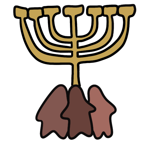 a gold temple menorah above three reddish colored human shaped blobs